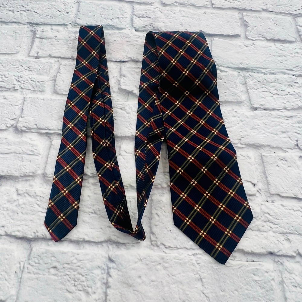 ROUNDTREE & YORKE Men's Navy Orange Plaid/Check Silk Neck Tie Navy/Red 4"x59"